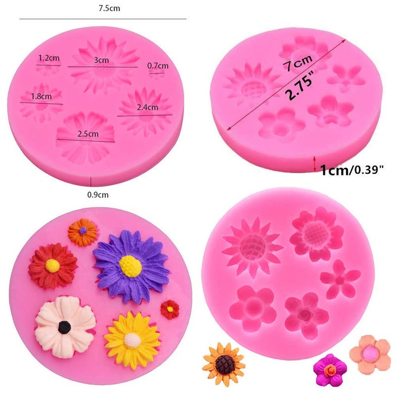 HiParty 4Pcs/Set Mini Flower & Leaf Fondant Molds, Rose Daisy Sunflower Silicone Gumpaste Molds for Cake Cupcake Topper Decoration Small Leaves Chocolate Candy Polymer Clay Resin Crafting Projects Tools - Image 2